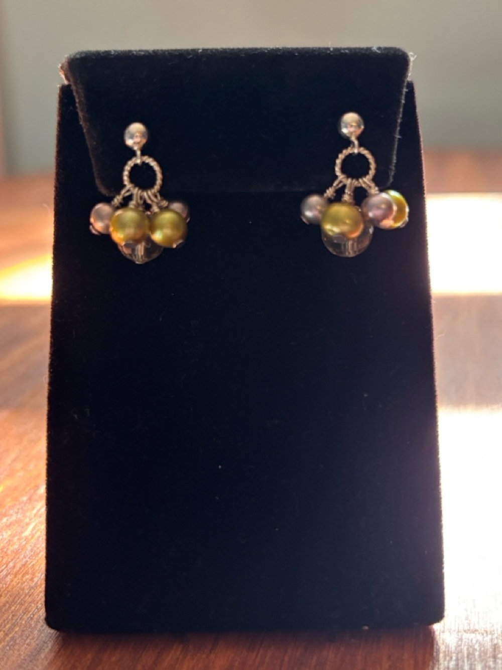 Olive Green and Gray Pearl Cluster Drop Earrings with Disco Ball Stone